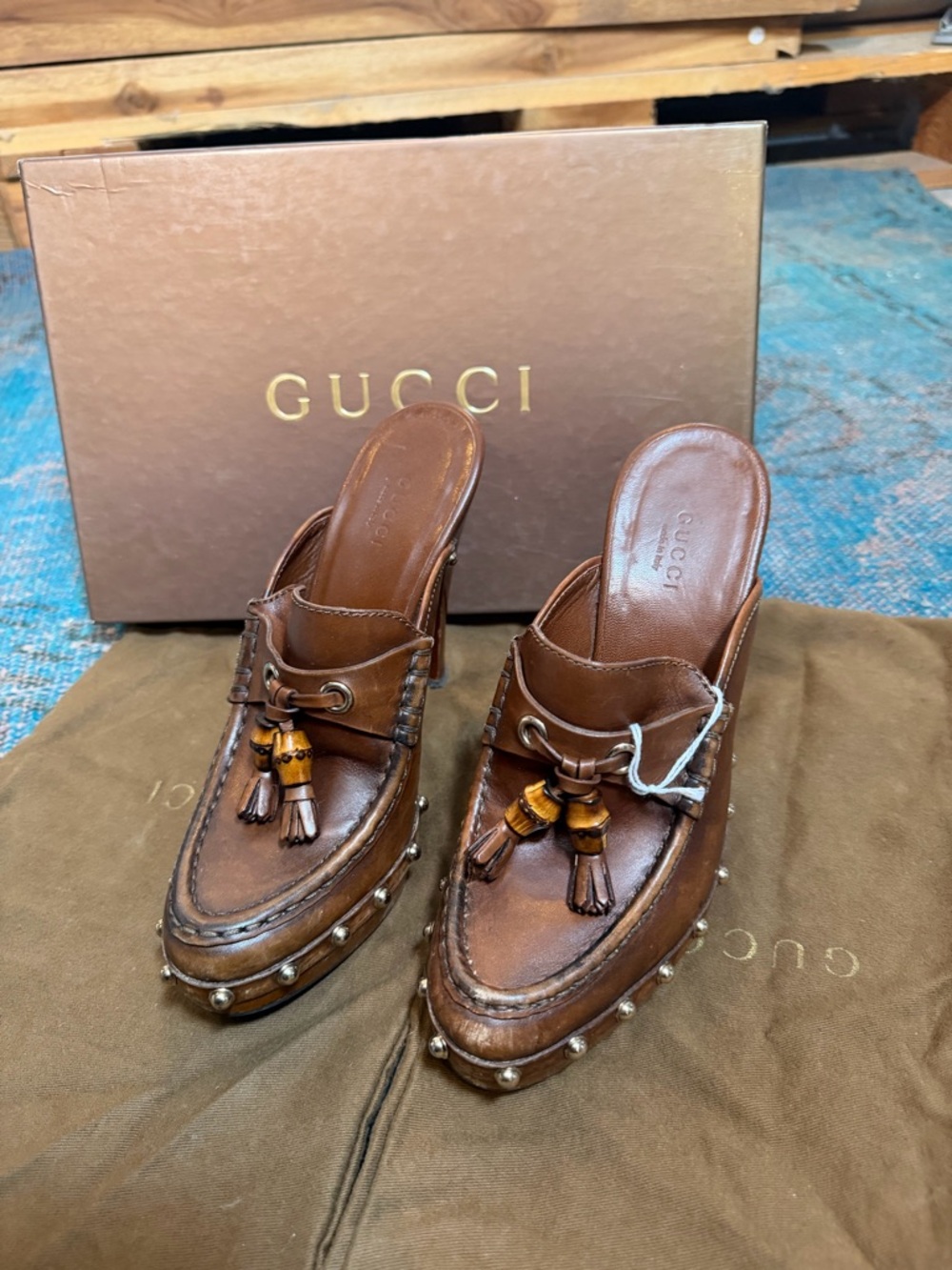 Gucci Brown Leather Tassel Studded Mule Heels - Picture 3 of 6